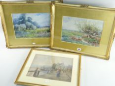 THREE WATERCOLOUR PAINTINGS comprising C. KIPLING, a pair - river meadow landscapes with cows, 24