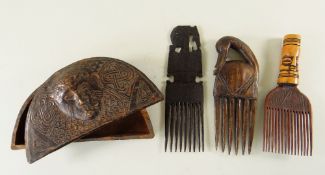 KUBA DEMILUNE TUKULA BOX & COVER, Democratic Republic of Congo, and three African COMBS (4)