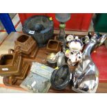 ASSORTED ORNAMENTS including Cadbury chocolate novelty mugs, large granite mortar and pestle ETC