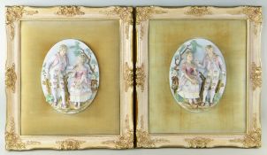 PAIR OF CONTINENTAL BISQUE PORCELAIN OVAL PLAQUES, modelled in relief with pairs of courting