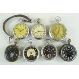 SEVEN VARIOUS MILITARY & OTHER POCKET WATCHES, comprising three with black dials including an