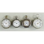 FOUR SILVER LADIES SWISS FOB WATCHES, all with white enamel dials and floral engraved cases, largest