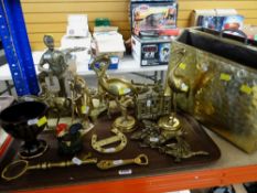 ASSORTED METALWARE including pair of brass flamingo ornaments, racing letter rack and magazine