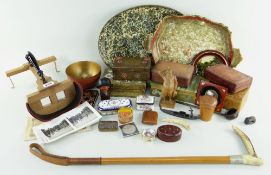 ASSORTED DECORATIVE COLLECTIBLES, including riding crop, boxes, stereo viewer with photos etc.