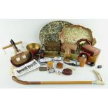 ASSORTED DECORATIVE COLLECTIBLES, including riding crop, boxes, stereo viewer with photos etc.