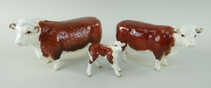 BESWICK POTTERY HEREFORD CATTLE FAMILY comprising 'CH of Champions' gloss bull, 11.5cms high, and