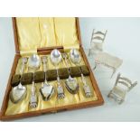 SET OF SIX FRENCH SILVER CASED TEASPOONS & FURNITURE MINIATURES, spoons with crown and armorial