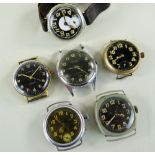 SIX VINTAGE WRISTWATCHES WITH BLACK DIALS, including an 'Aircraft' watch, a 'Kienzle' watch, a