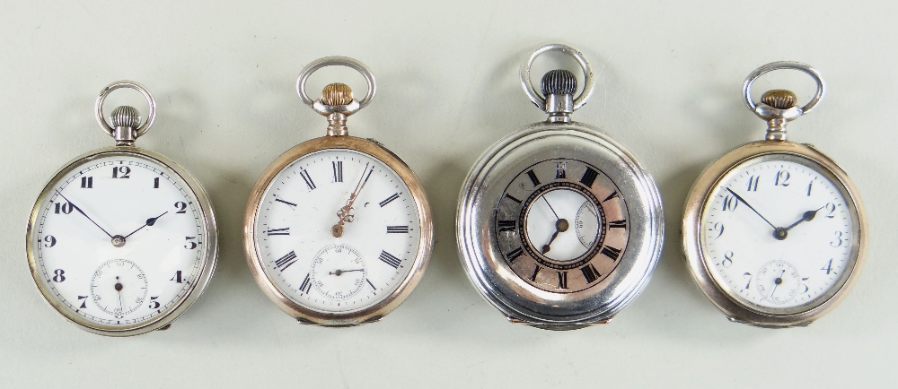 FOUR TOP WIND SILVER POCKET WATCHES, including a half hunter, two with half gold plated cases, all