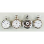 FOUR TOP WIND SILVER POCKET WATCHES, including a half hunter, two with half gold plated cases, all