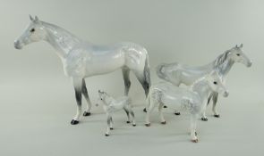 FOUR BESWICK POTTERY DAPPLE GREY HORSES comprising large gloss racehorse, 28.5cms high, gloss