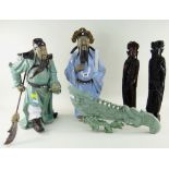 ASSORTED CHINESE ORNAMENTS including pair of glazed pottery figures of manchu warriors, two resin