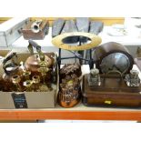 ASSORTED METALWARE, INK STAND & CLOCK, including two Victorian copper jelly moulds, various brass