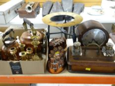 ASSORTED METALWARE, INK STAND & CLOCK, including two Victorian copper jelly moulds, various brass