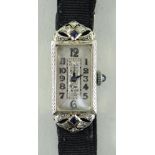 ART DECO 18K WHITE GOLD AND SAPPHIRE GOTHIC WATCH CO. LADIES COCKTAIL WATCH, c. 1910, frosted