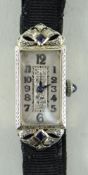 ART DECO 18K WHITE GOLD AND SAPPHIRE GOTHIC WATCH CO. LADIES COCKTAIL WATCH, c. 1910, frosted