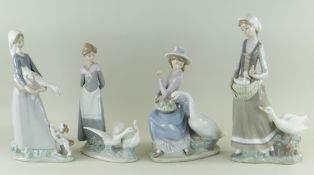 FOUR LLADRO PORCELAIN FIGURINES OF GOOSE GIRLS, numbers 5659, 4866, 5034 & 4815, largest 31.5cms