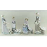 FOUR LLADRO PORCELAIN FIGURINES OF GOOSE GIRLS, numbers 5659, 4866, 5034 & 4815, largest 31.5cms