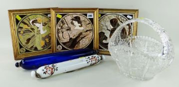 ASSORTED CERAMICS & GLASS including three tube lined studio pottery tiles, each entitled '