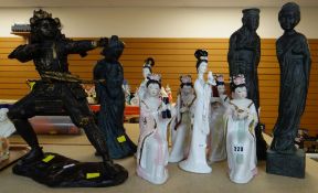 ASSORTED CHINESE FIGURINES including six porcelain figures of ladies playing instruments and four