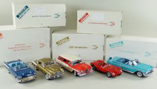 FIVE DANBURY MINT 1:24 SCALE DIECAST MODEL CARS, comprising Studebaker 1957, Chevrolet Bel Air 1957,