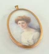 H. GODFREY-ANDREWS portrait miniature - an Edwardian lady with white dress and hair in Gibson girl