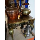 ASSORTED METALWARE including 19th Century brass footman, two kettles and a teapot (4)