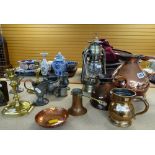 ASSORTED METALWARE including copper measures, pewter jugs, brass candlesticks, modern storm lamp