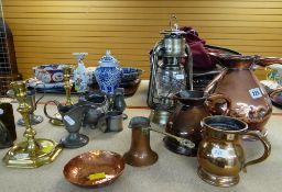 ASSORTED METALWARE including copper measures, pewter jugs, brass candlesticks, modern storm lamp