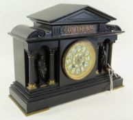 EARLY 20TH CENTURY BELGIAN SLATE & METAL MOUNTED ARCHITECTURAL MANTEL CLOCK, dial signed J. T. Barry