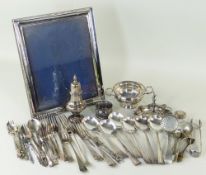 ASSORTED SILVERWARE & PLATED FORKS, SPOONS ETC, comprising a 20th Century easel back photograph