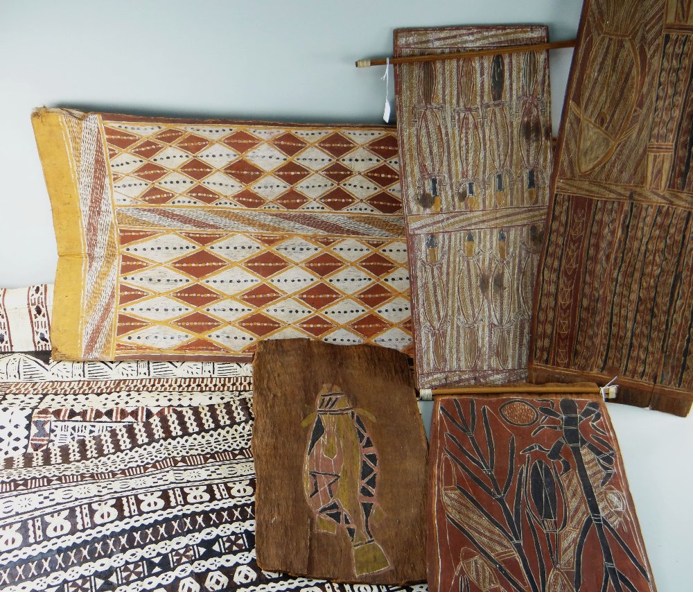 FIVE ABORIGINAL BARK PAINTINGS and TWO FIJI TAPACLOTHS, one bark by BOB BILINYARA NEBEGEYO, all