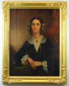 19TH CENTURY ENGLISH SCHOOL oil on canvas - portrait of a lady wearing ruby necklace and