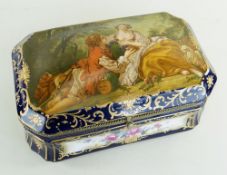 LARGE CONTINENTAL PORCELAIN CASKET, the dome top colour-printed with reposing shepherd and