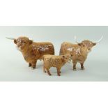 BESWICK POTTERY LONG HORN HIGHLAND CATTLE FAMILY comprising gloss bull, 12cms high, gloss cow and