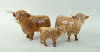 BESWICK POTTERY LONG HORN HIGHLAND CATTLE FAMILY comprising gloss bull, 12cms high, gloss cow and