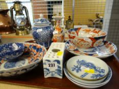 ASSORTED ANTIQUE & REPRODUCTION PORCELAIN including Delft-style flower brick Imari dishes ETC