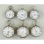 SIX SILVER KEY WIND POCKET WATCHES, all with white enamel dials and roman numerals, four with