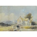 DAVID COX JR watercolour - thatched dwelling and bridge, distant church steeple, signed and dated