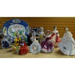 ASSORTED CABINET CHINA including three Royal Doulton figurines (Linda, Carol, Southern Belle)