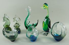 MURANO & MDINA ART GLASS comprising duck, swan, two chesspiece shaped ornaments and three small