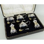 BOXED EDWARD VIII SILVER SIX-PIECE CRUET SET, Birmingham 1938, comprising pair of mustard, pair of