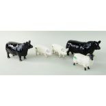 GROUP OF BESWICK POTTERY GLOSS CATTLE & ANIMALS comprising Aberdeen Angus bull and cow, 'CH Champion