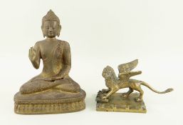 BRASS FIGURE OF SEATED BUDDHA and brass paperweight of the LION OF VENICE (2)