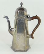 GEORGE VI SILVER HEXAGONAL COFFEE POT, Birmingham 1937 by Lionel Alfred Crichton, engraved