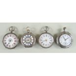 FOUR SWISS SILVER LADIES FOB WATCHES, one with half hunter case and guilloche enameled chapter ring,