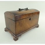 GEORGE III MAHOGANY AND CHEQUER-STRUNG TEA CADDY, domed top with boxwood and ebony inlaid star