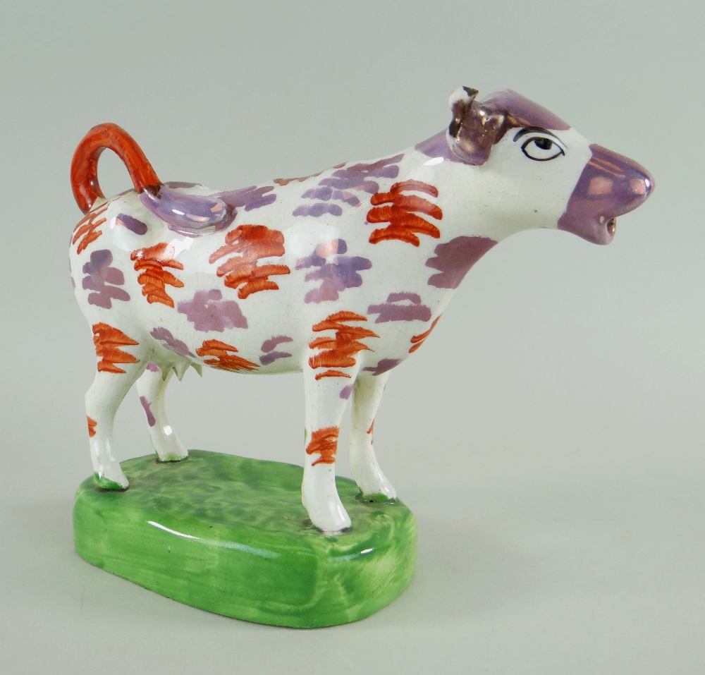 SWANSEA CAMBRIAN POTTERY COW CREAMER, iron red and pink lustre splashed decoration with black detail - Image 2 of 2
