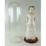 19TH CENTURY WAX SHOULDER HEAD DOLL, with satin dress with lace trim, with glass dome, 40cms high