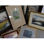 SMALL GROUP OF ASSORTED PICTURES & PRINTS including watercolour of a mountainous landscape, signed K